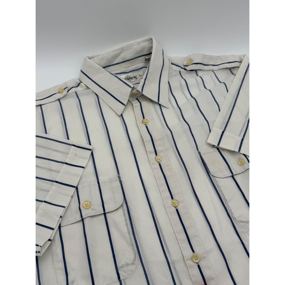 Oleg Cassini Vintage Mens Striped Short Sleeve Button Up Shirt White Blue Large
